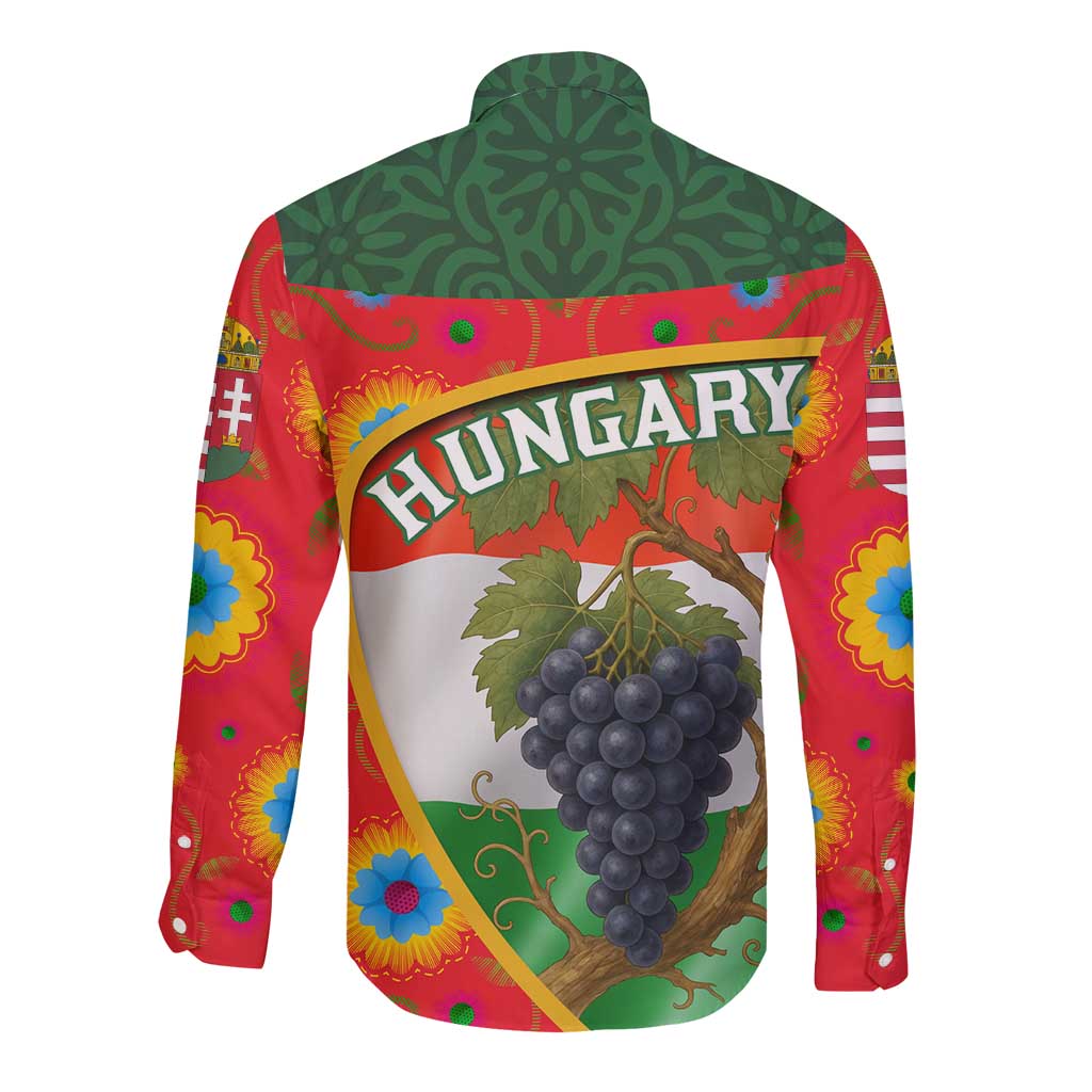 Hungary Long Sleeve Button Shirt with Tokaj Vineyard Illustration Design and Grape Wine - Wonder Print Shop