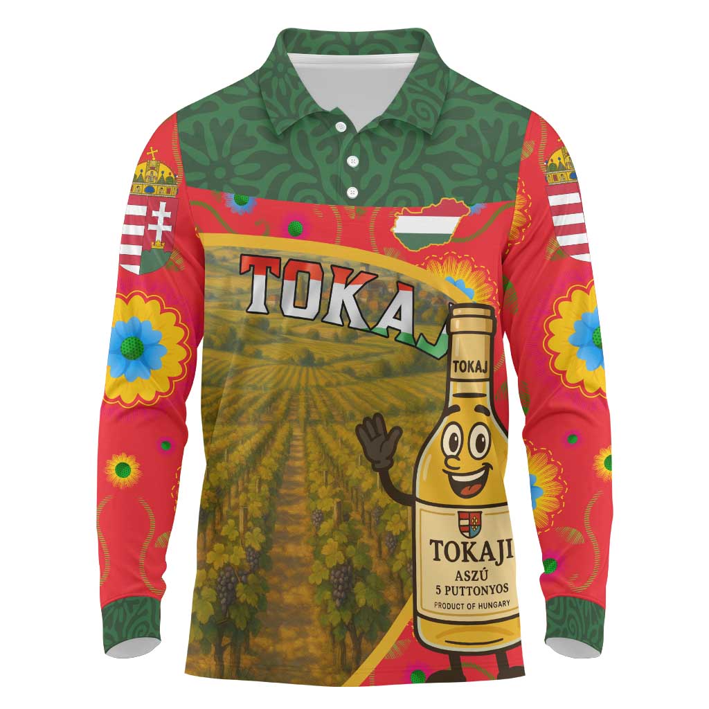 Hungary Long Sleeve Polo Shirt with Tokaj Vineyard Illustration Design and Grape Wine - Wonder Print Shop