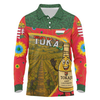 Hungary Long Sleeve Polo Shirt with Tokaj Vineyard Illustration Design and Grape Wine - Wonder Print Shop