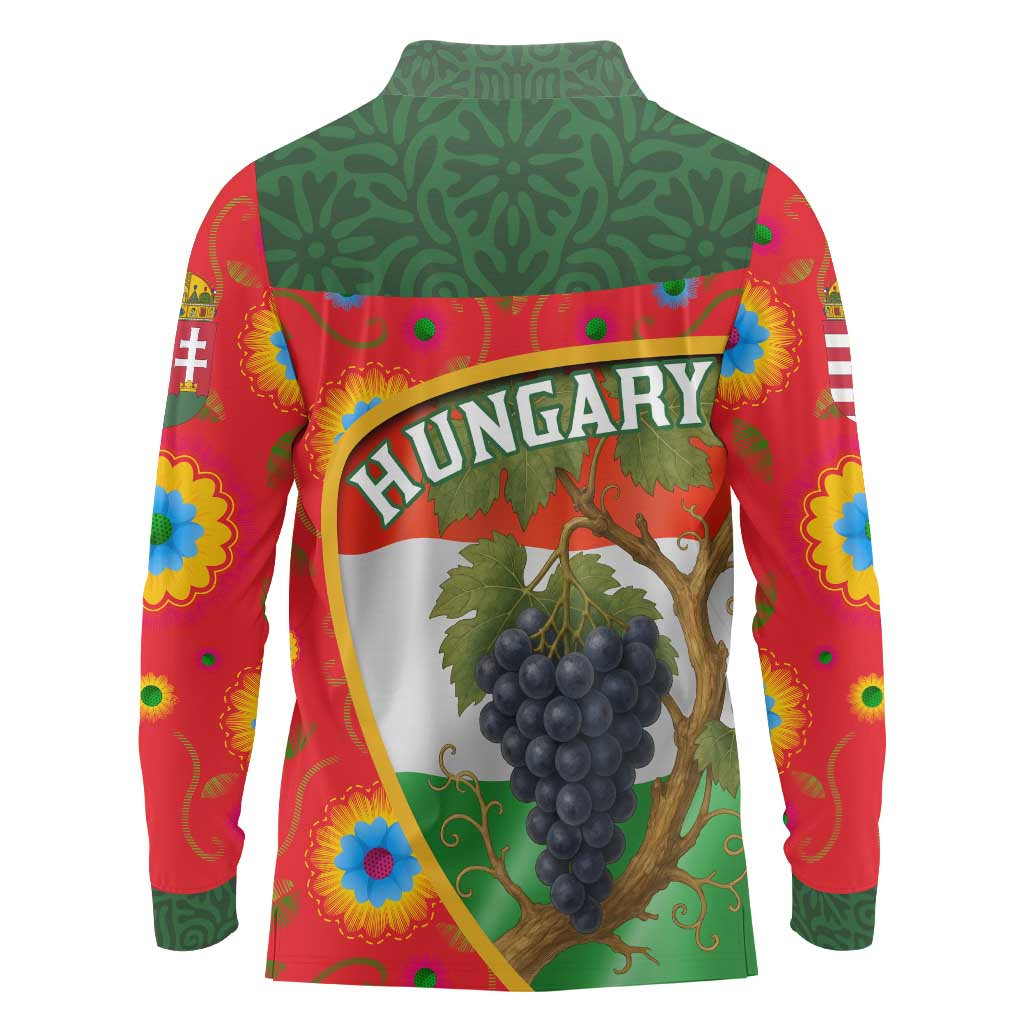 Hungary Long Sleeve Polo Shirt with Tokaj Vineyard Illustration Design and Grape Wine - Wonder Print Shop