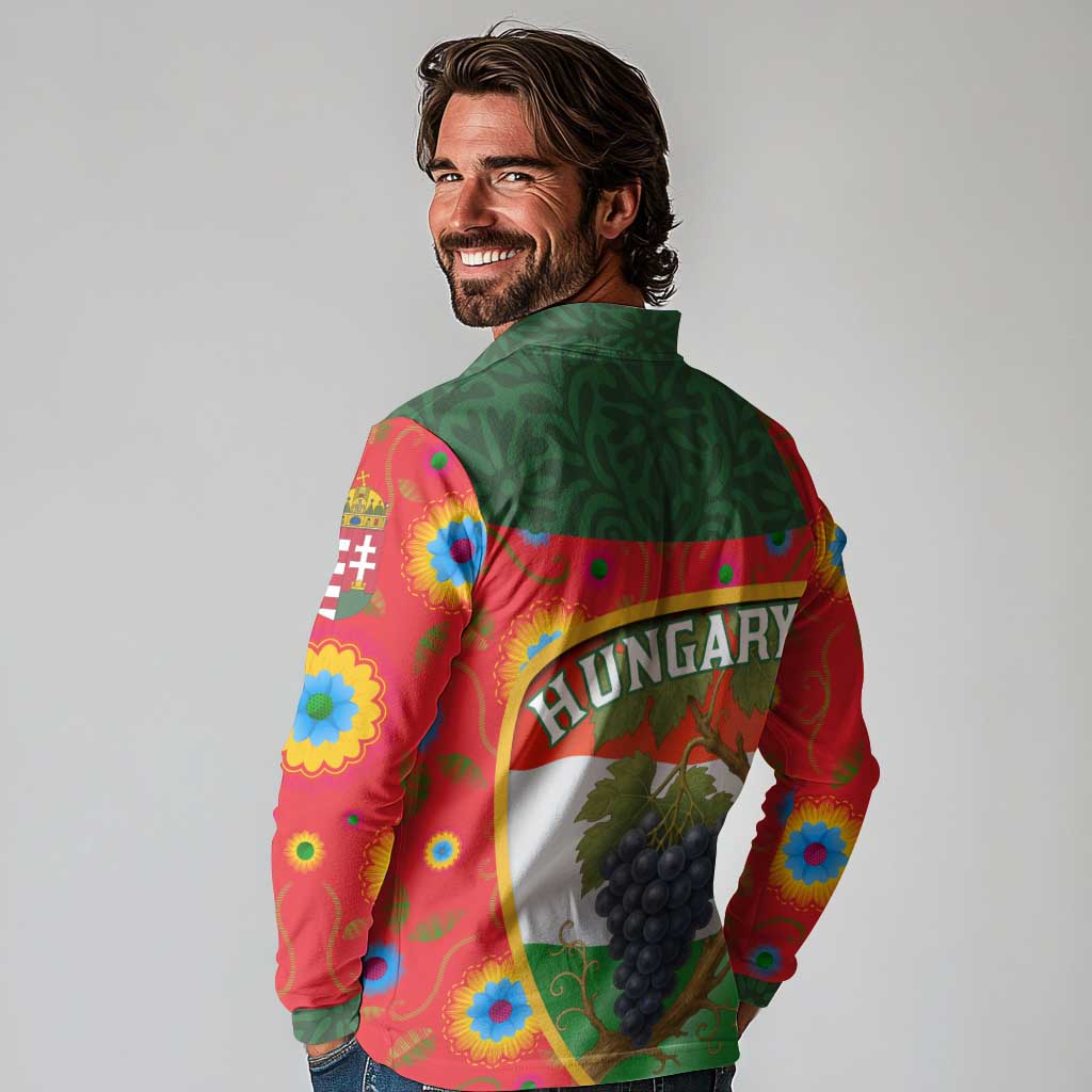 Hungary Long Sleeve Polo Shirt with Tokaj Vineyard Illustration Design and Grape Wine - Wonder Print Shop