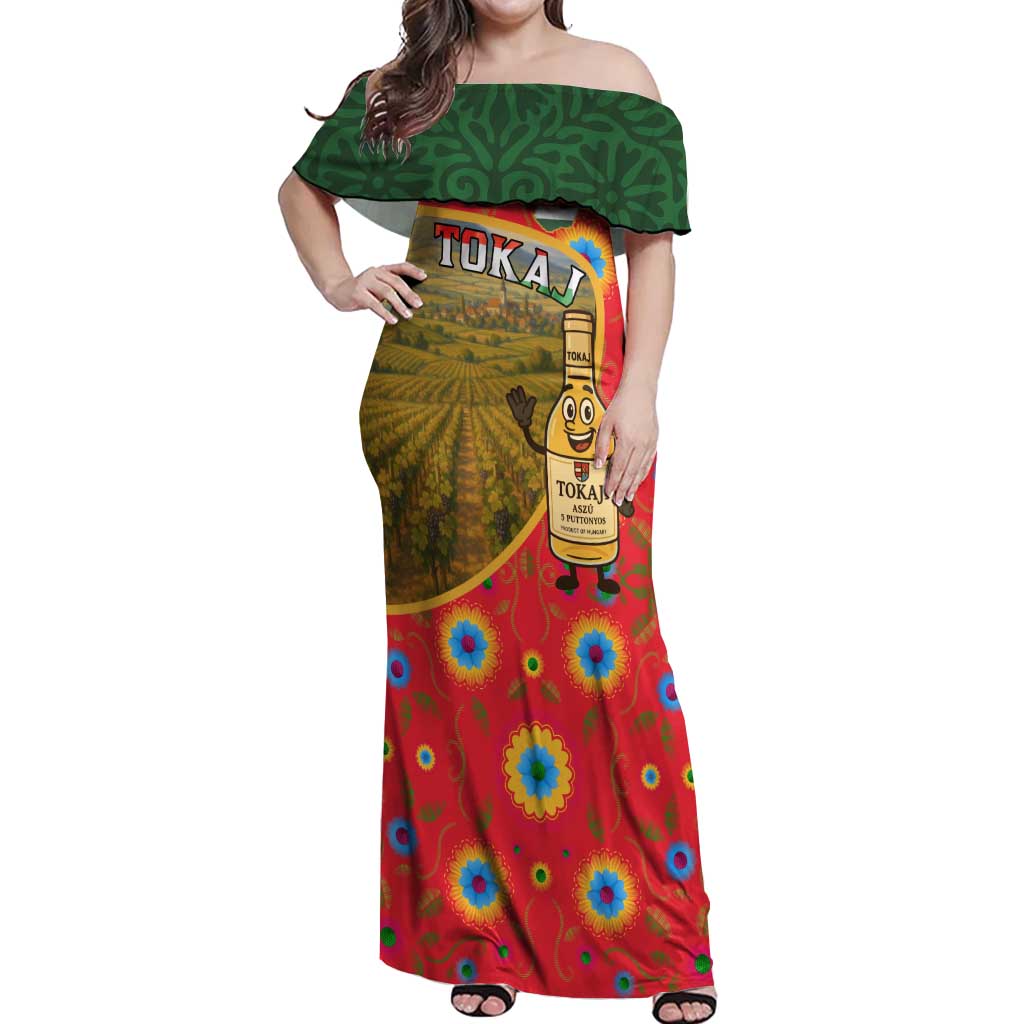 Hungary Off Shoulder Maxi Dress with Tokaj Vineyard Illustration Design and Grape Wine - Wonder Print Shop