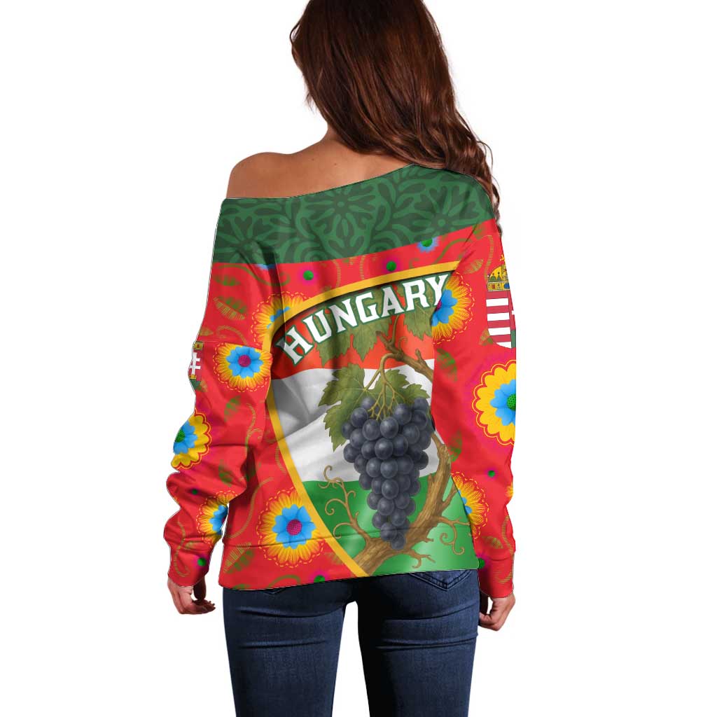 Hungary Off Shoulder Sweater with Tokaj Vineyard Illustration Design and Grape Wine - Wonder Print Shop