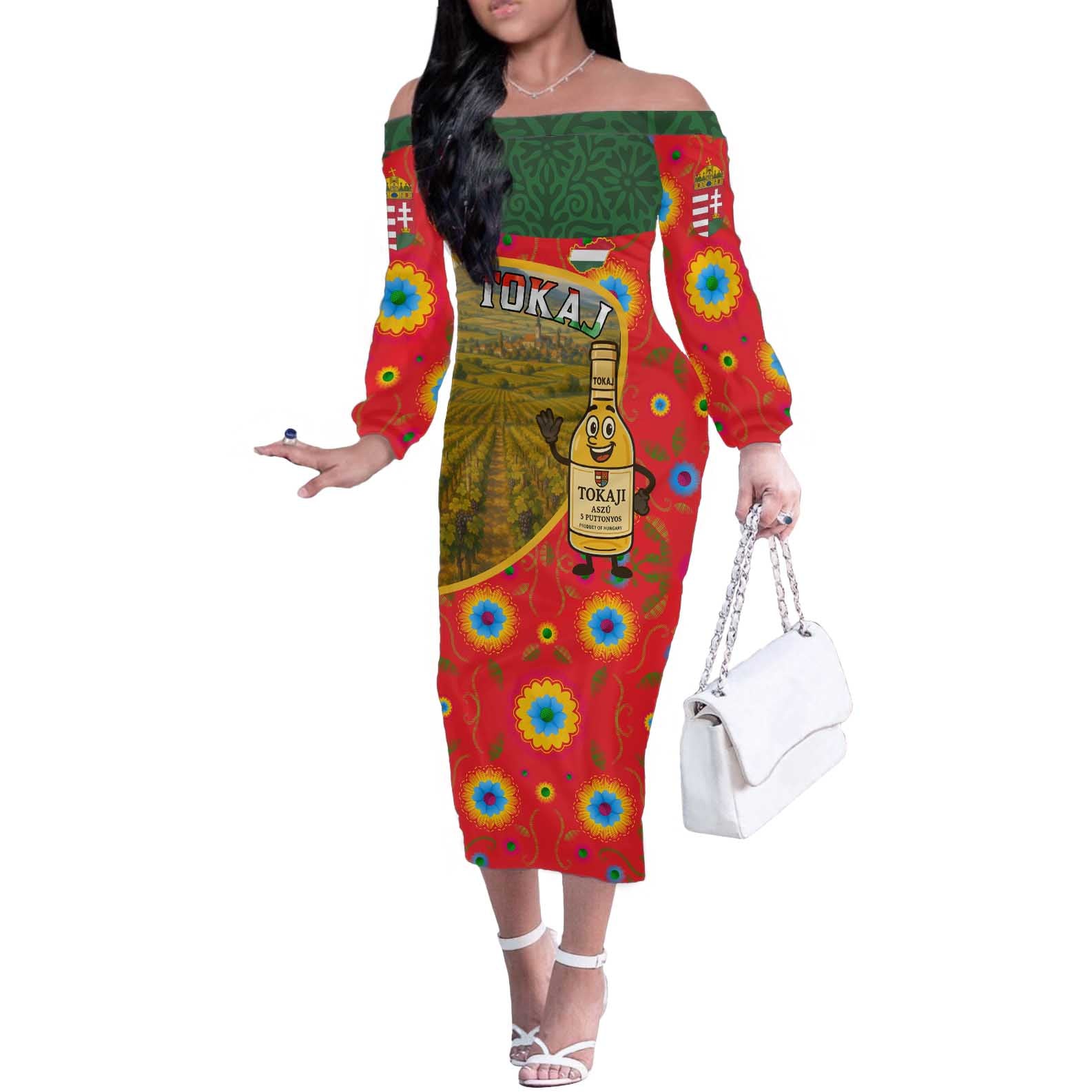 Hungary Off The Shoulder Long Sleeve Dress with Tokaj Vineyard Illustration Design and Grape Wine - Wonder Print Shop