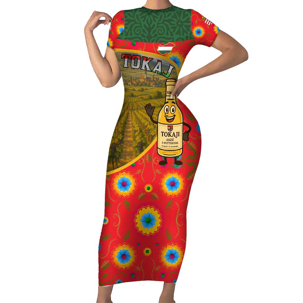 Hungary Short Sleeve Bodycon Dress with Tokaj Vineyard Illustration Design and Grape Wine - Wonder Print Shop