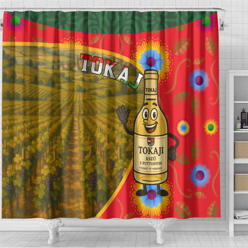 Hungary Shower Curtain with Tokaj Vineyard Illustration Design and Grape Wine - Wonder Print Shop