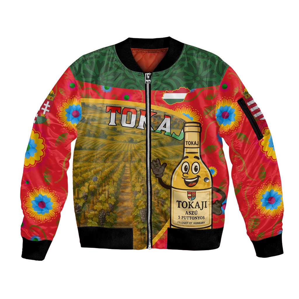 Hungary Sleeve Zip Bomber Jacket with Tokaj Vineyard Illustration Design and Grape Wine - Wonder Print Shop