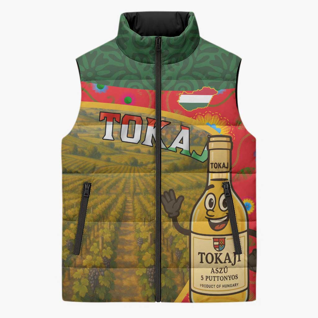 Hungary Sleeveless Puffer Jacket with Tokaj Vineyard Illustration Design and Grape Wine - Wonder Print Shop