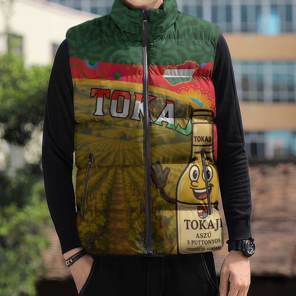 Hungary Sleeveless Puffer Jacket with Tokaj Vineyard Illustration Design and Grape Wine - Wonder Print Shop