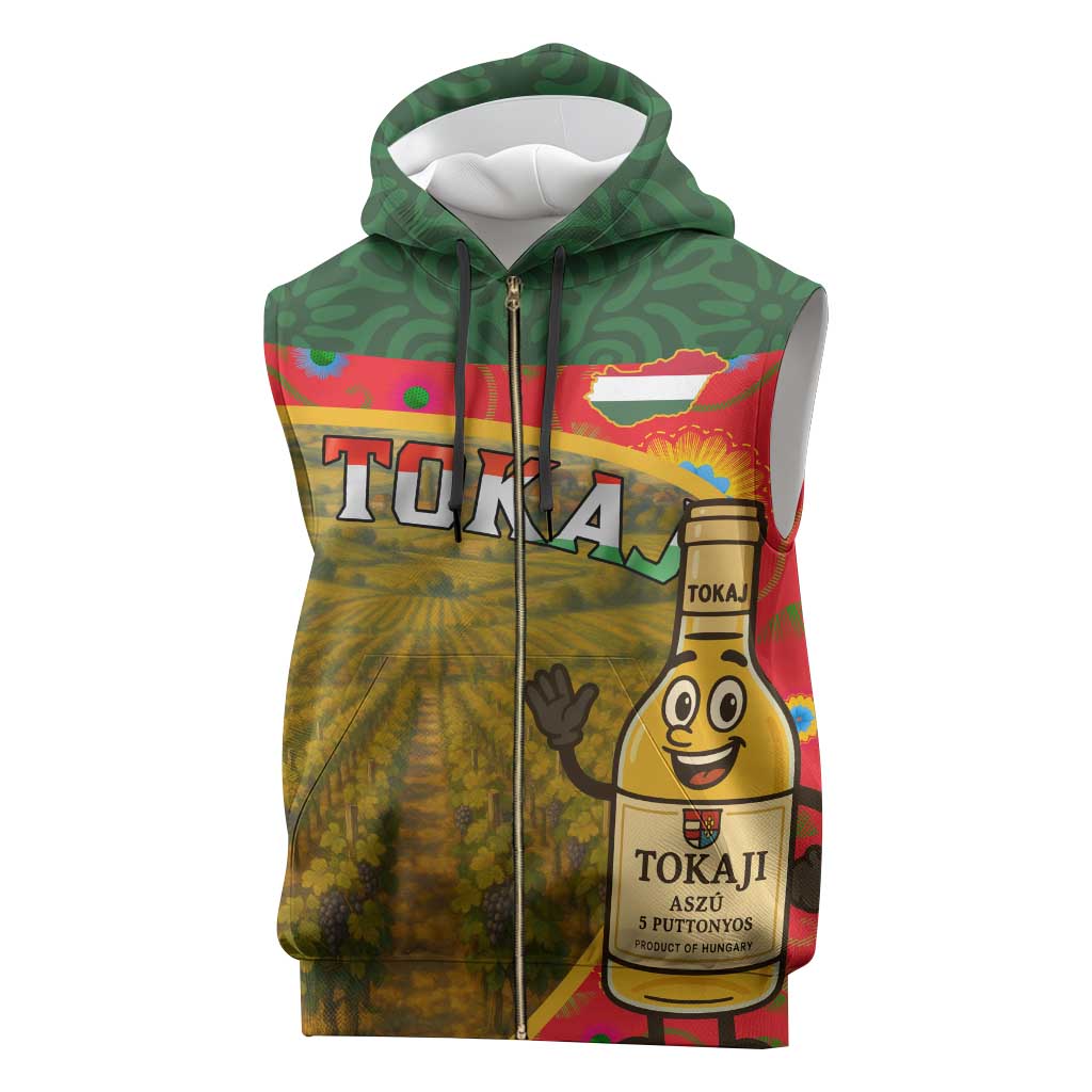 Hungary Sleeveless Zip Hoodie with Tokaj Vineyard Illustration Design and Grape Wine - Wonder Print Shop
