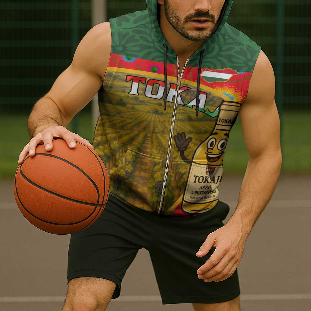 Hungary Sleeveless Zip Hoodie with Tokaj Vineyard Illustration Design and Grape Wine - Wonder Print Shop