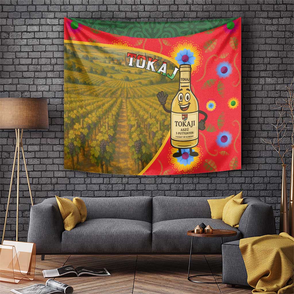 Hungary Tapestry with Tokaj Vineyard Illustration Design and Grape Wine - Wonder Print Shop