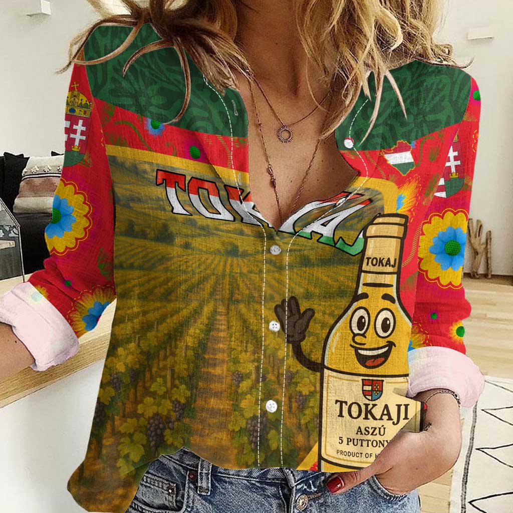 Hungary Women Casual Shirt with Tokaj Vineyard Illustration Design and Grape Wine - Wonder Print Shop