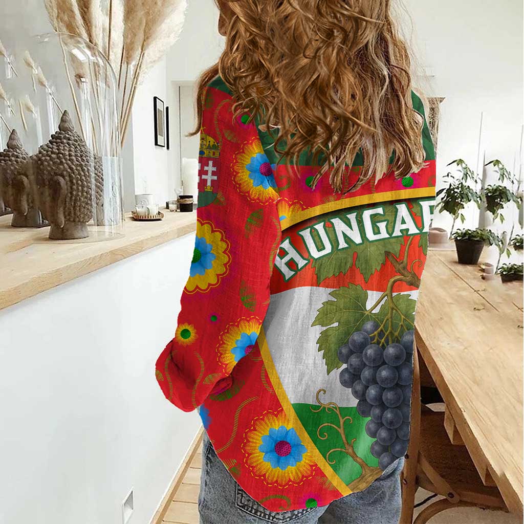 Hungary Women Casual Shirt with Tokaj Vineyard Illustration Design and Grape Wine - Wonder Print Shop