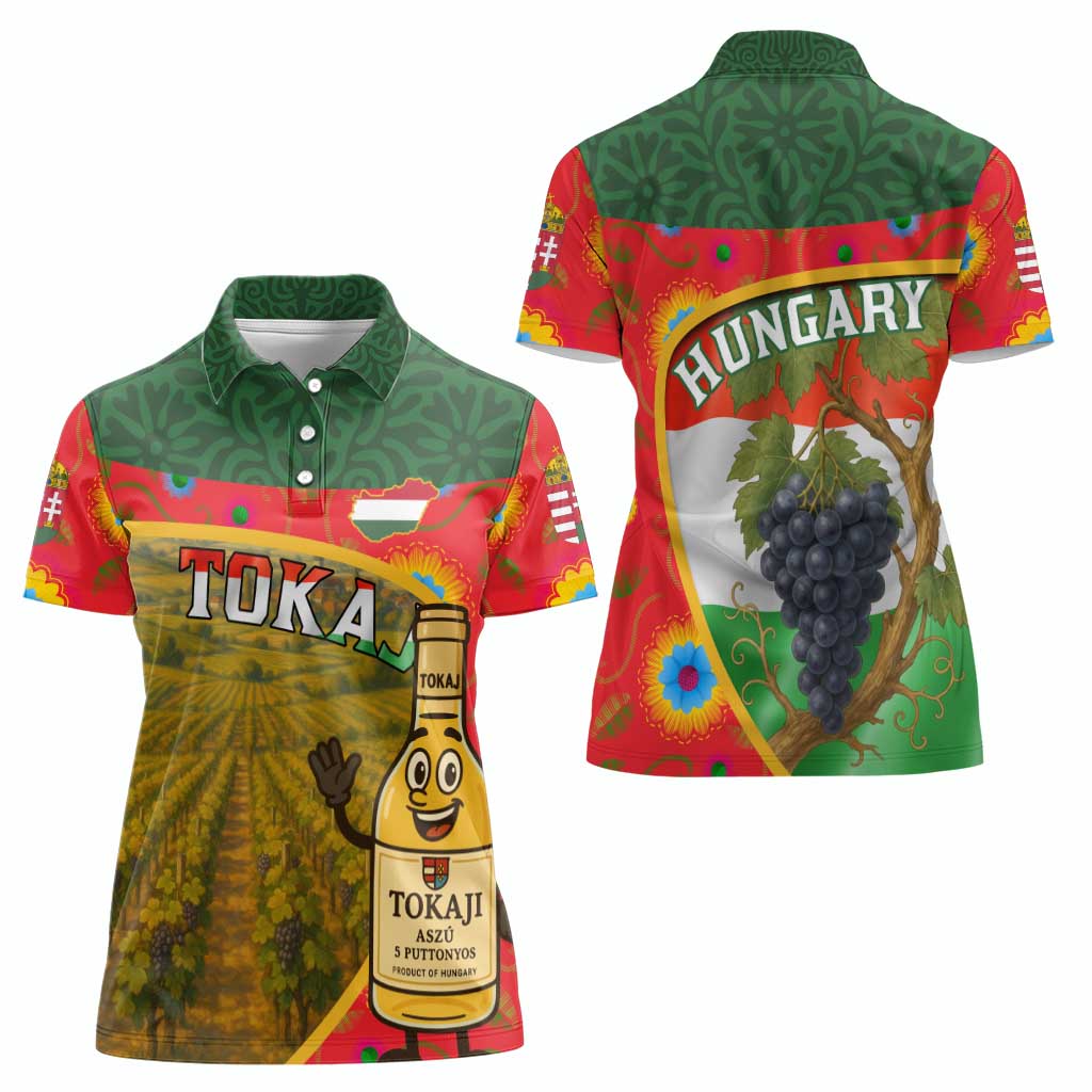 Hungary Women Polo Shirt with Tokaj Vineyard Illustration Design and Grape Wine - Wonder Print Shop