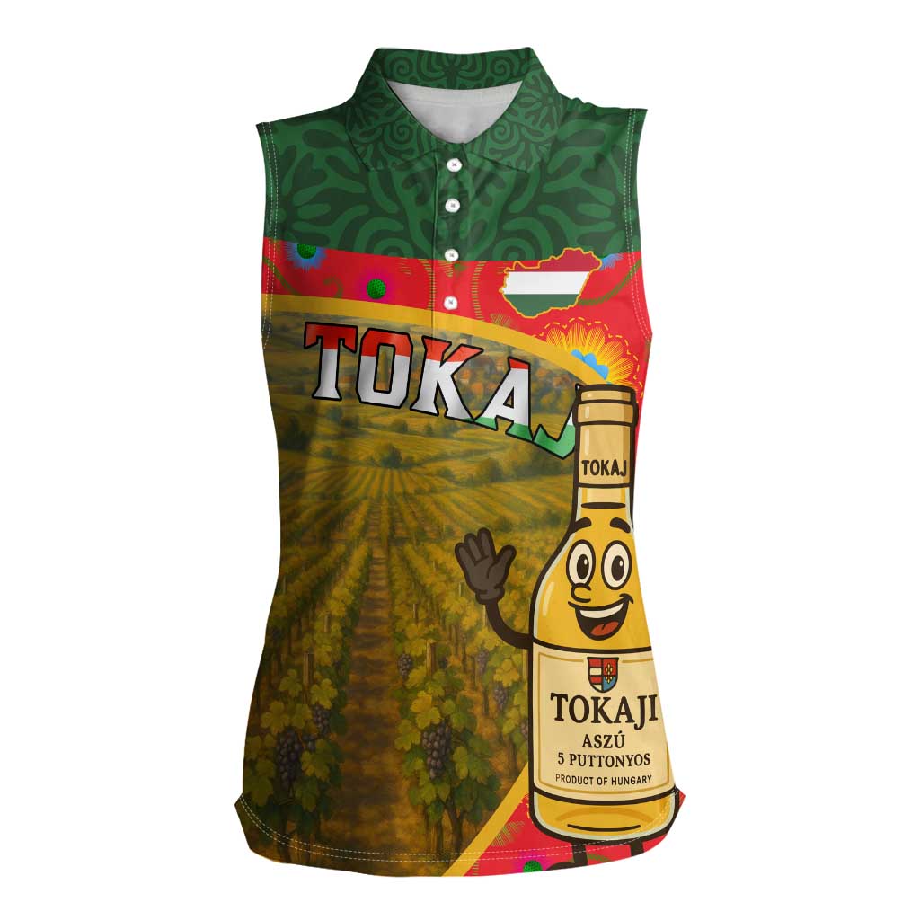 Hungary Women Sleeveless Polo Shirt with Tokaj Vineyard Illustration Design and Grape Wine - Wonder Print Shop