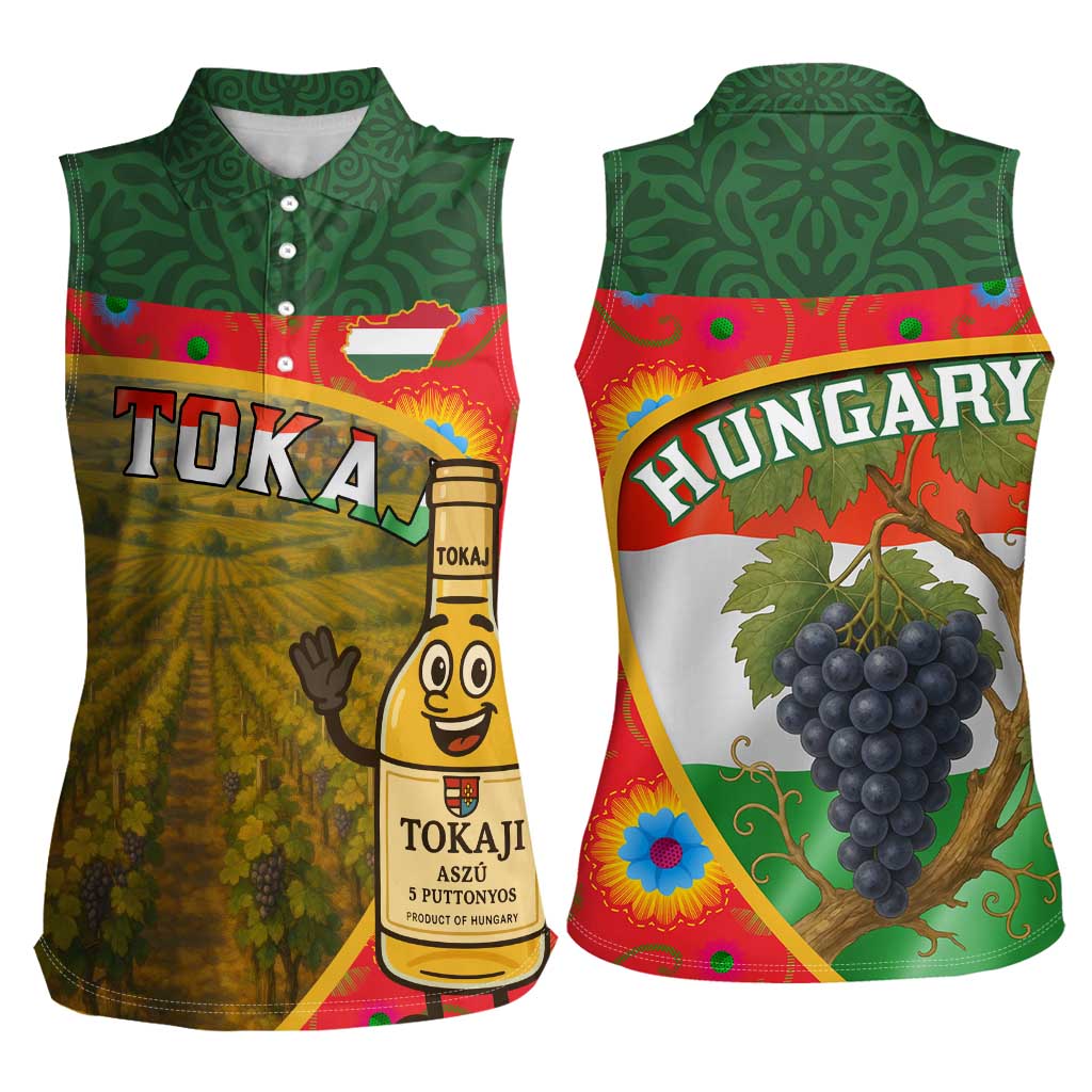 Hungary Women Sleeveless Polo Shirt with Tokaj Vineyard Illustration Design and Grape Wine - Wonder Print Shop