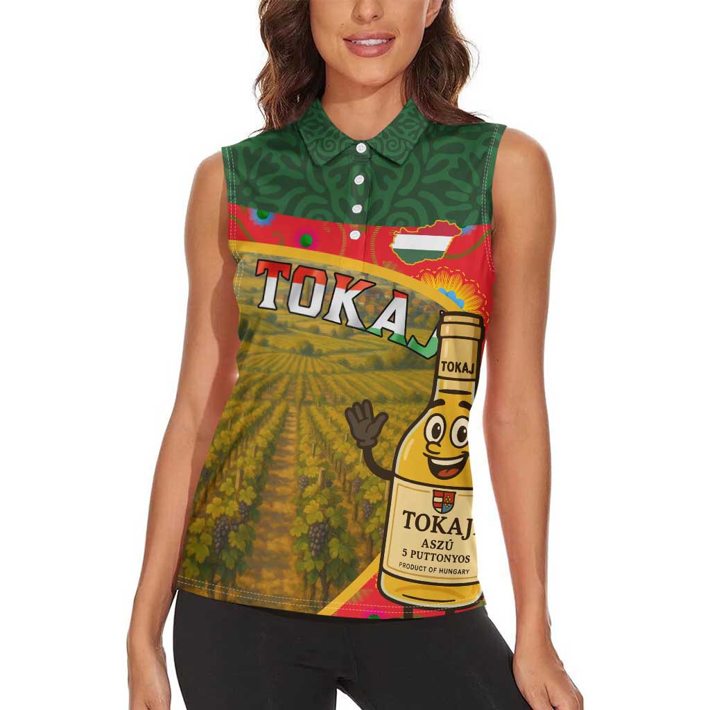 Hungary Women Sleeveless Polo Shirt with Tokaj Vineyard Illustration Design and Grape Wine - Wonder Print Shop