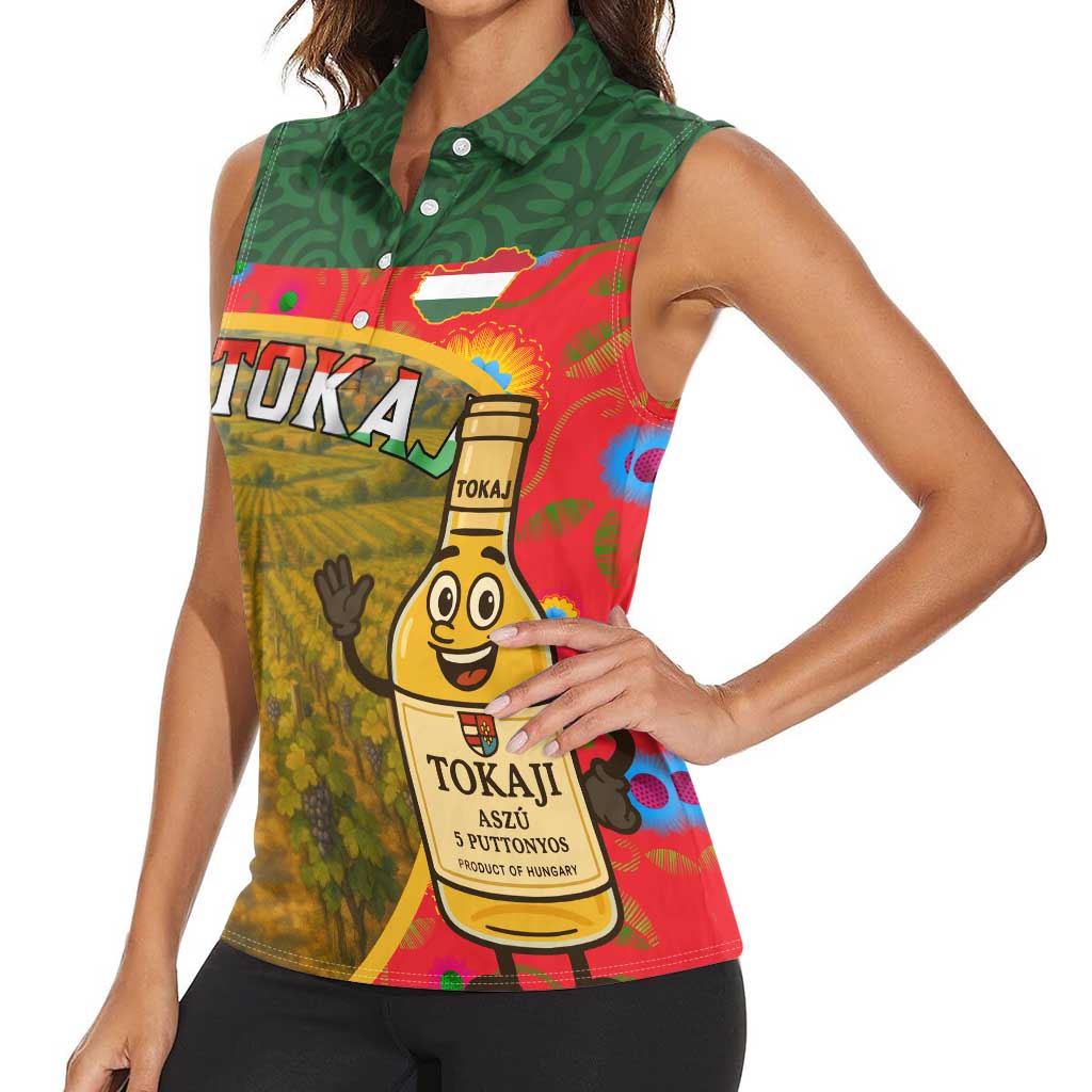 Hungary Women Sleeveless Polo Shirt with Tokaj Vineyard Illustration Design and Grape Wine - Wonder Print Shop