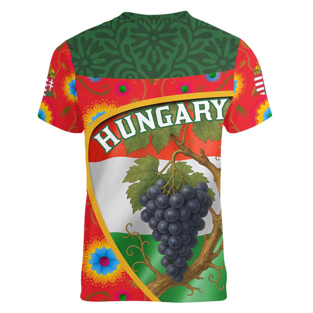 Hungary Women V-Neck T-Shirt with Tokaj Vineyard Illustration Design and Grape Wine - Wonder Print Shop