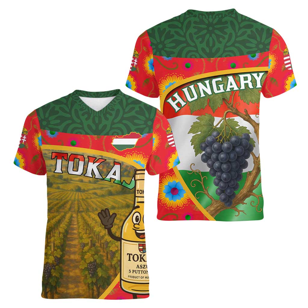 Hungary Women V-Neck T-Shirt with Tokaj Vineyard Illustration Design and Grape Wine - Wonder Print Shop