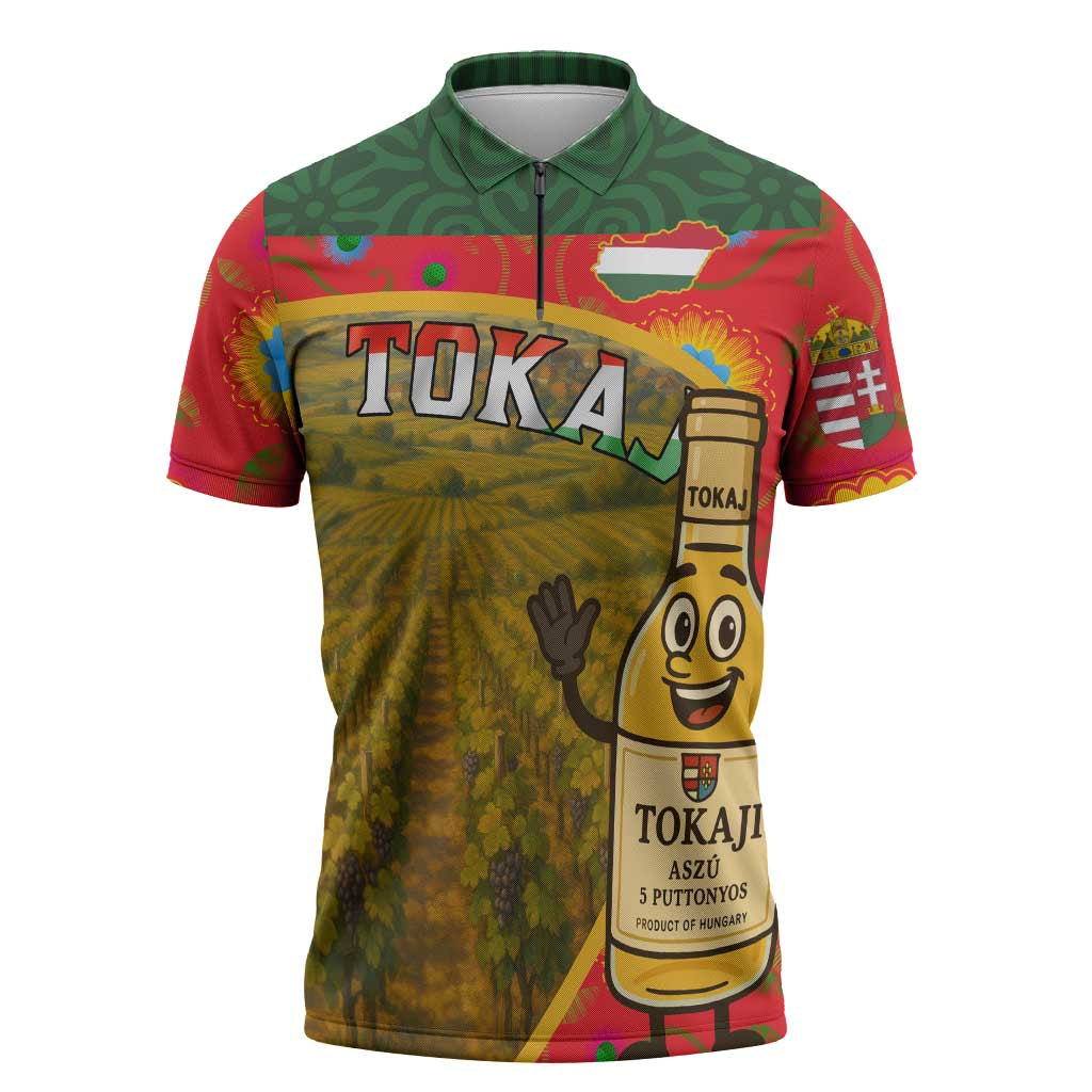 Hungary Zipper Polo Shirt with Tokaj Vineyard Illustration Design and Grape Wine - Wonder Print Shop