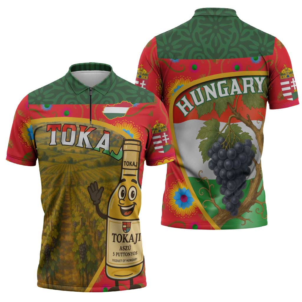 Hungary Zipper Polo Shirt with Tokaj Vineyard Illustration Design and Grape Wine - Wonder Print Shop