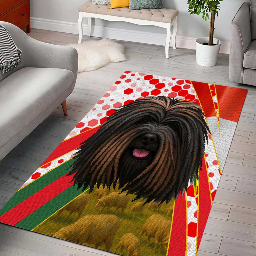 Hungary Area Rug with Puli Dog Illustration Design and Red Green Hexagon - Wonder Print Shop