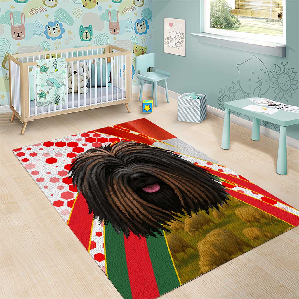 Hungary Area Rug with Puli Dog Illustration Design and Red Green Hexagon - Wonder Print Shop