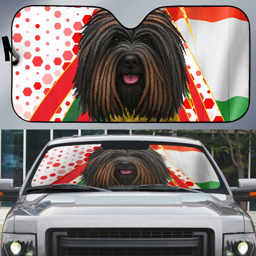 Hungary Auto Sun Shade with Puli Dog Illustration Design and Red Green Hexagon - Wonder Print Shop