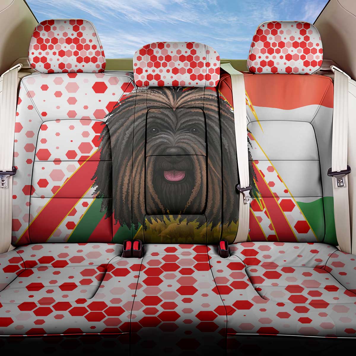 Hungary Back Car Seat Cover with Puli Dog Illustration Design and Red Green Hexagon - Wonder Print Shop
