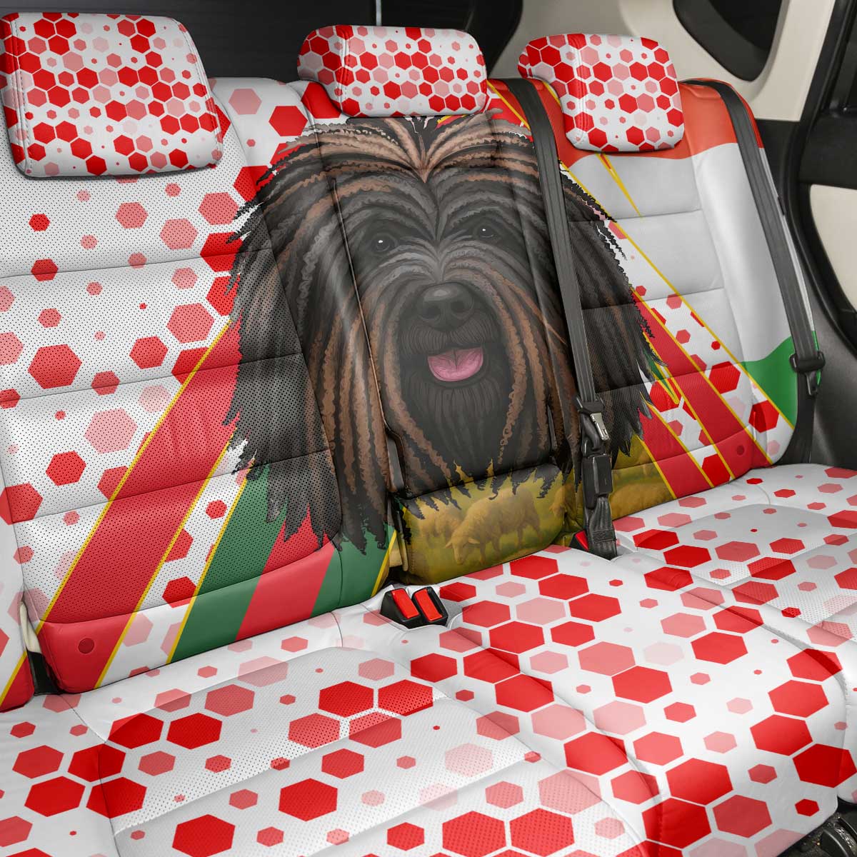 Hungary Back Car Seat Cover with Puli Dog Illustration Design and Red Green Hexagon - Wonder Print Shop