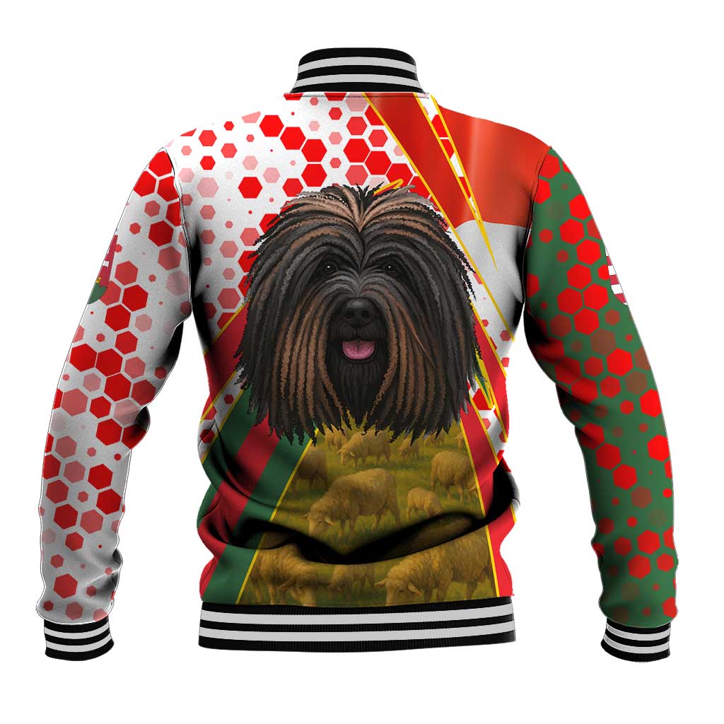 Hungary Baseball Jacket with Puli Dog Illustration Design and Red Green Hexagon - Wonder Print Shop