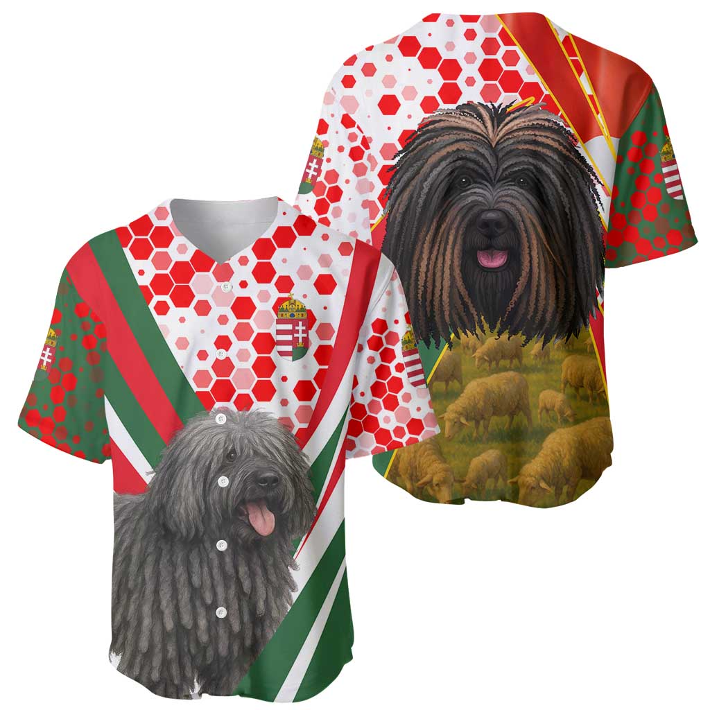 Hungary Baseball Jersey with Puli Dog Illustration Design and Red Green Hexagon - Wonder Print Shop