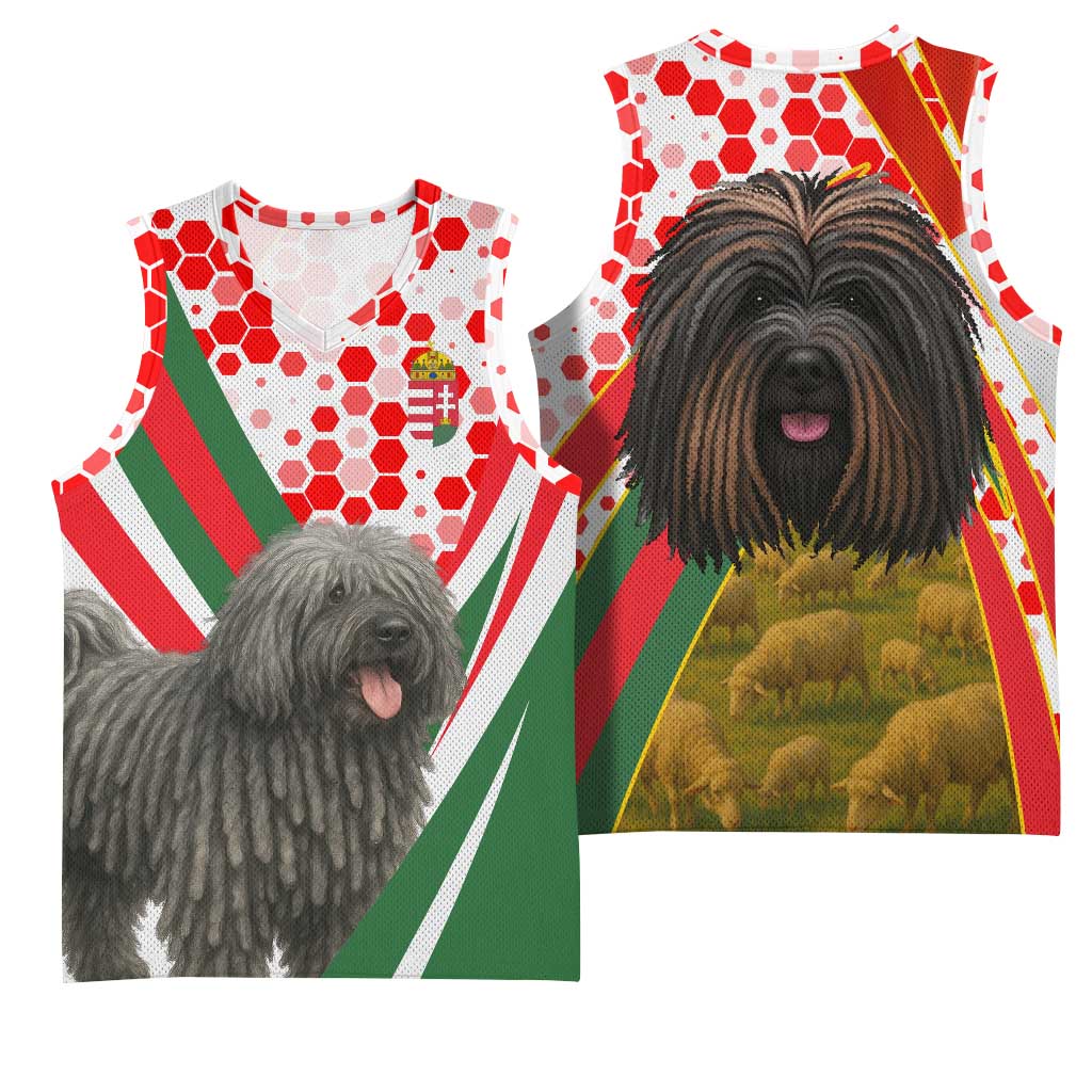 Hungary Basketball Jersey with Puli Dog Illustration Design and Red Green Hexagon - Wonder Print Shop