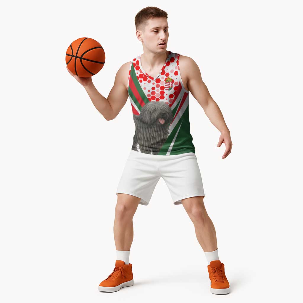 Hungary Basketball Jersey with Puli Dog Illustration Design and Red Green Hexagon - Wonder Print Shop