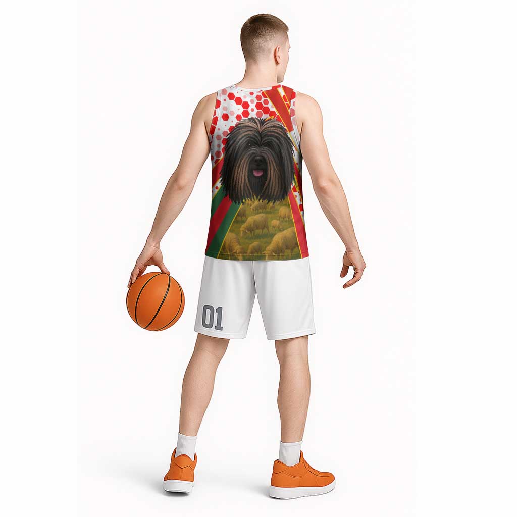 Hungary Basketball Jersey with Puli Dog Illustration Design and Red Green Hexagon - Wonder Print Shop