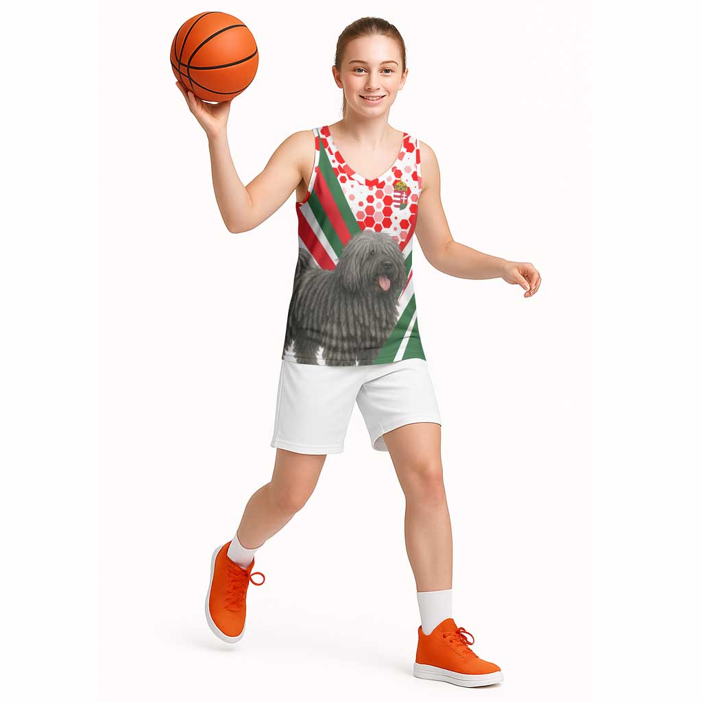 Hungary Basketball Jersey with Puli Dog Illustration Design and Red Green Hexagon - Wonder Print Shop