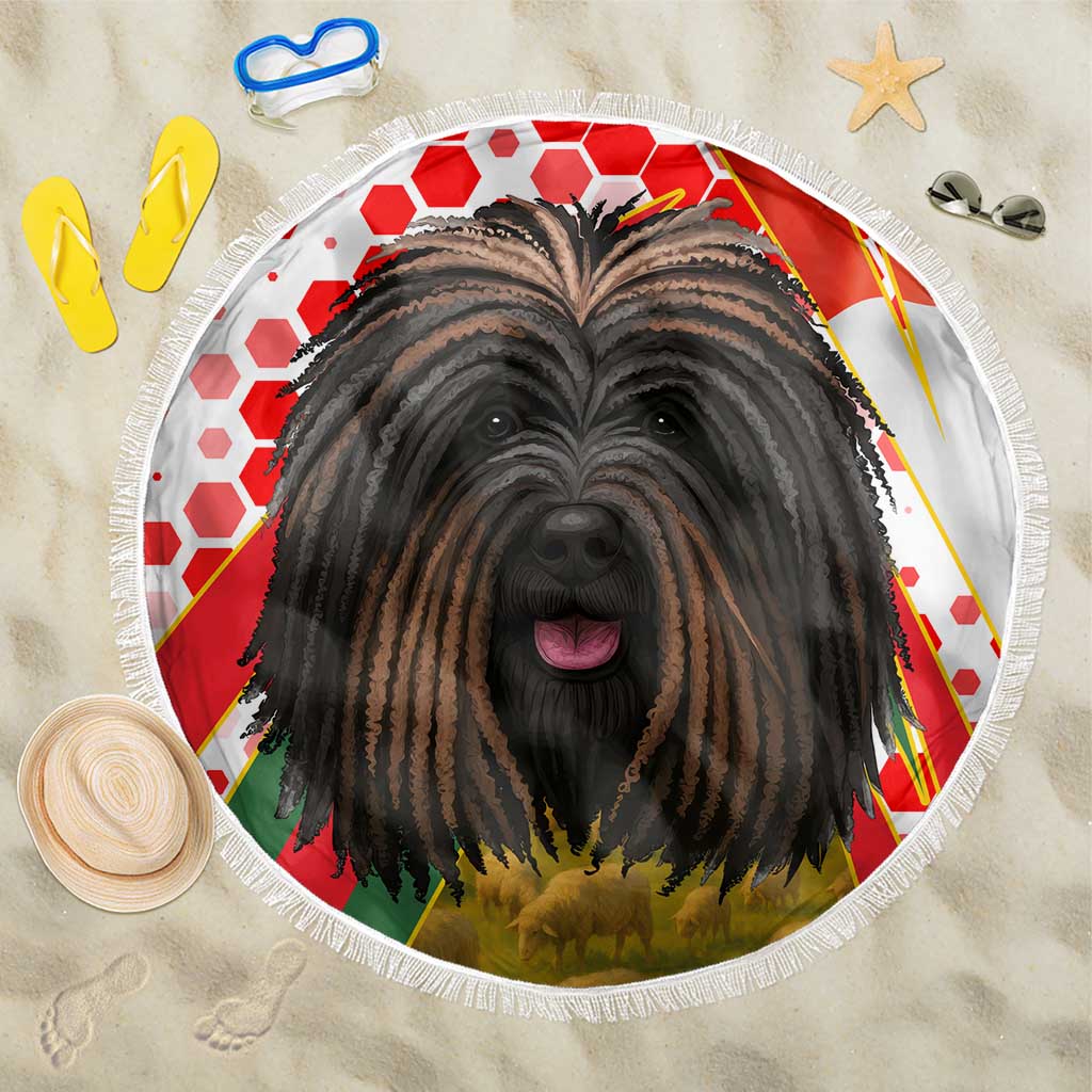 Hungary Beach Blanket with Puli Dog Illustration Design and Red Green Hexagon - Wonder Print Shop