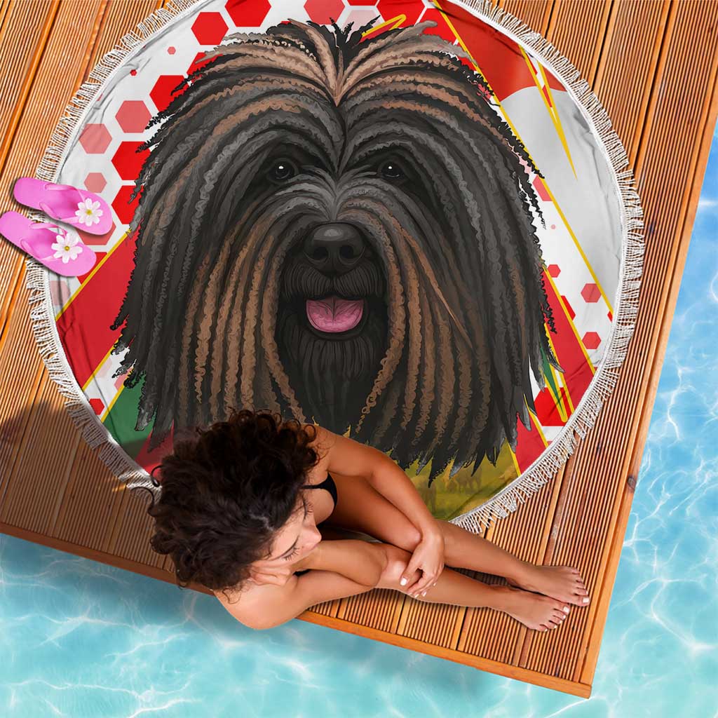 Hungary Beach Blanket with Puli Dog Illustration Design and Red Green Hexagon - Wonder Print Shop