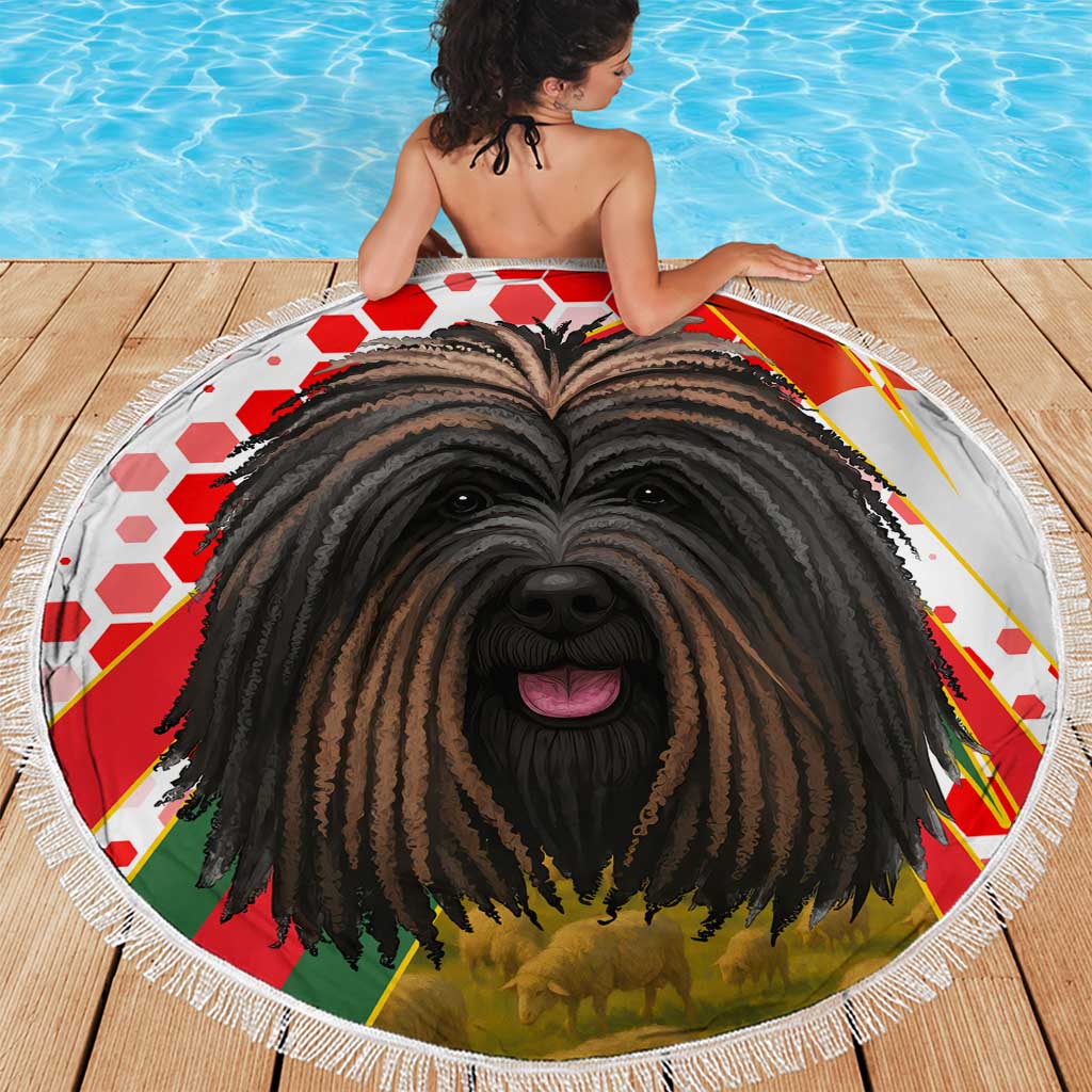 Hungary Beach Blanket with Puli Dog Illustration Design and Red Green Hexagon - Wonder Print Shop