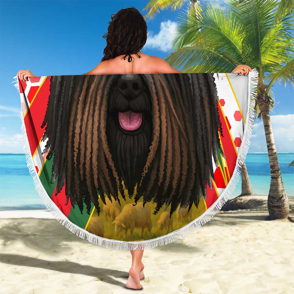 Hungary Beach Blanket with Puli Dog Illustration Design and Red Green Hexagon - Wonder Print Shop