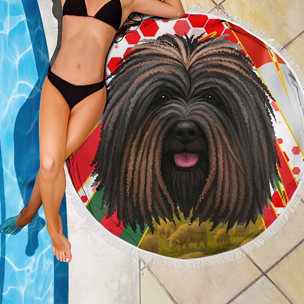 Hungary Beach Blanket with Puli Dog Illustration Design and Red Green Hexagon - Wonder Print Shop