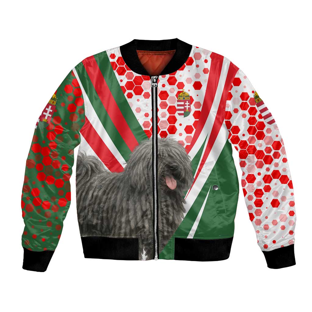 Hungary Bomber Jacket with Puli Dog Illustration Design and Red Green Hexagon - Wonder Print Shop