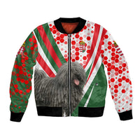 Hungary Bomber Jacket with Puli Dog Illustration Design and Red Green Hexagon - Wonder Print Shop