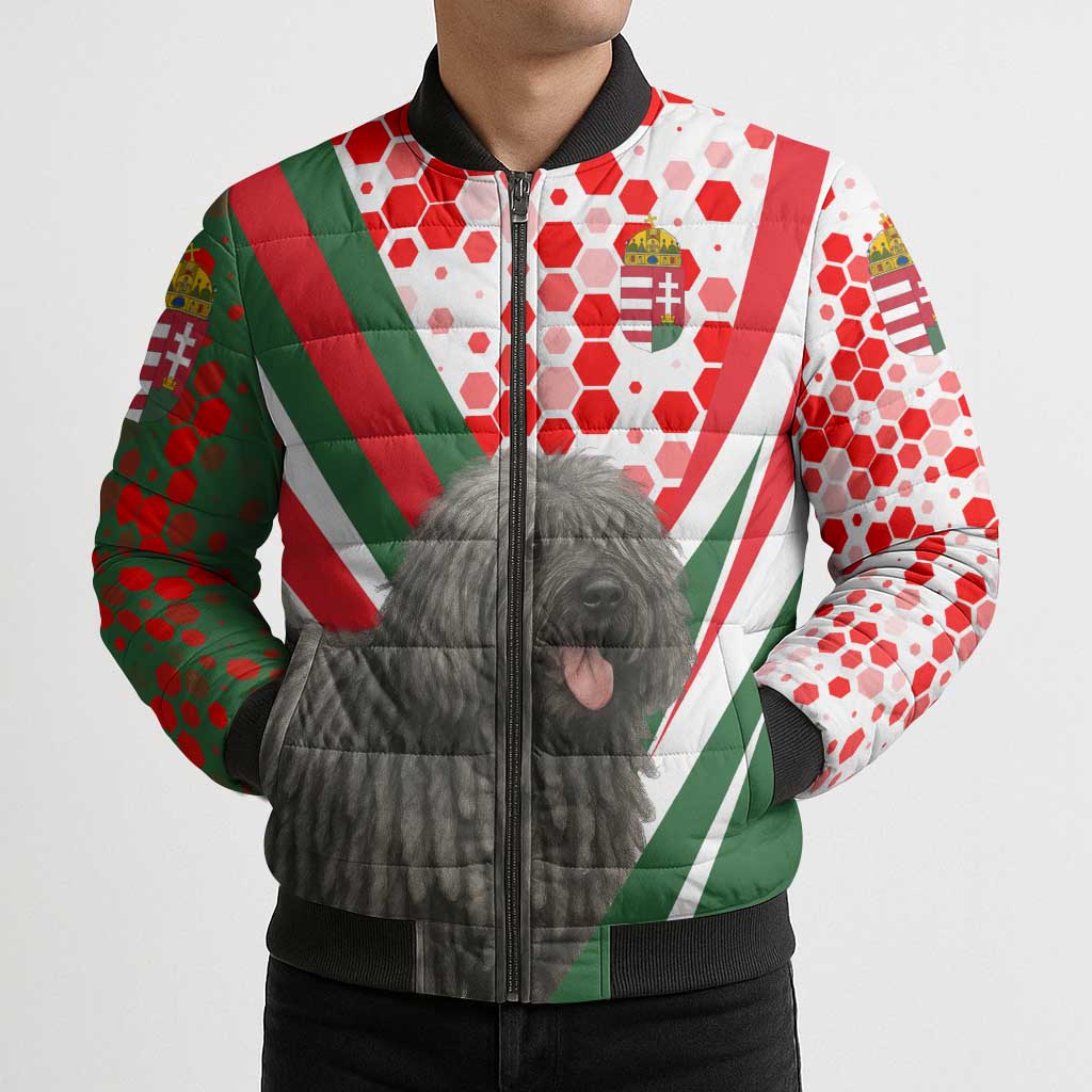 Hungary Bomber Puffer Jacket with Puli Dog Illustration Design and Red Green Hexagon - Wonder Print Shop