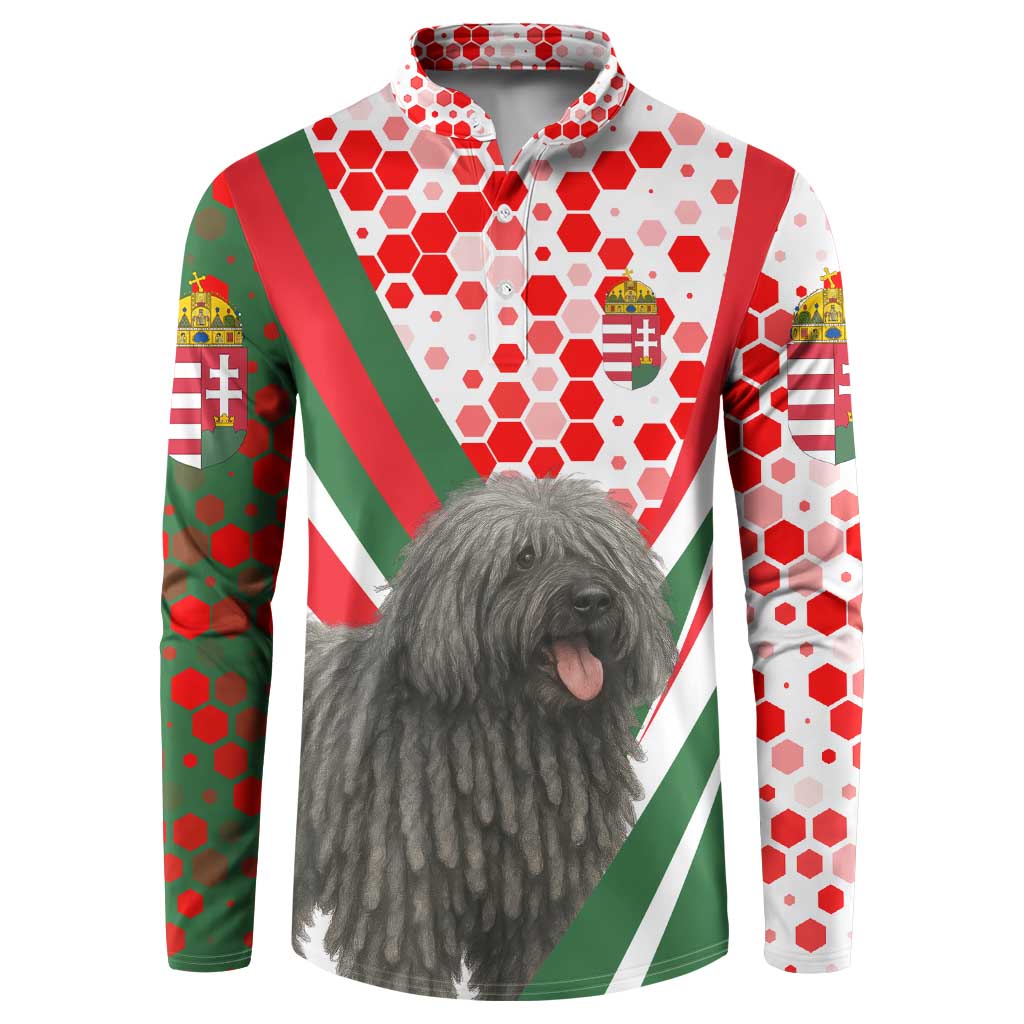 Hungary Button Sweatshirt with Puli Dog Illustration Design and Red Green Hexagon - Wonder Print Shop