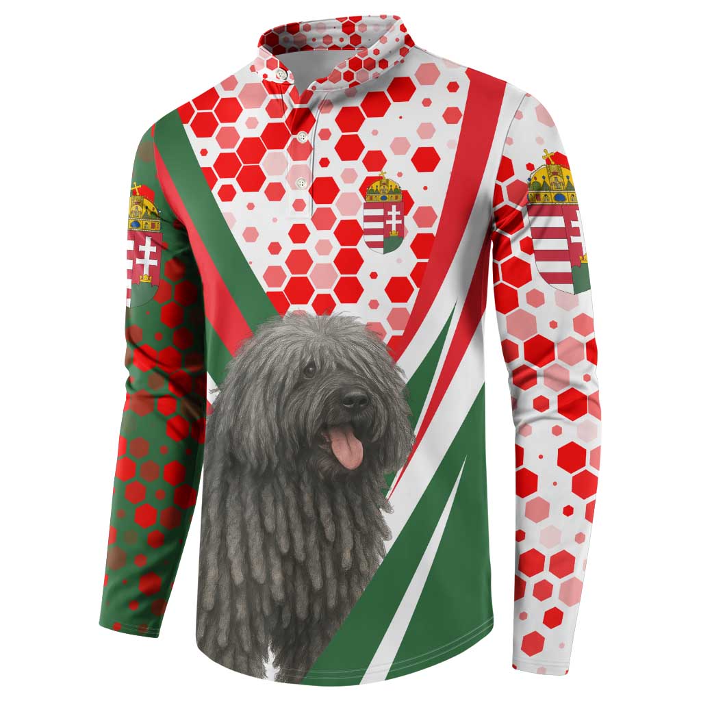 Hungary Button Sweatshirt with Puli Dog Illustration Design and Red Green Hexagon - Wonder Print Shop