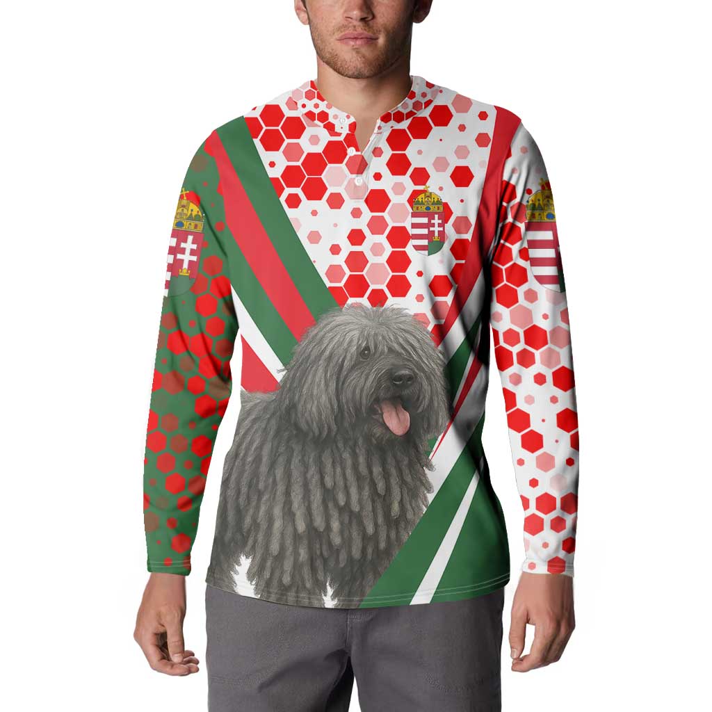 Hungary Button Sweatshirt with Puli Dog Illustration Design and Red Green Hexagon - Wonder Print Shop