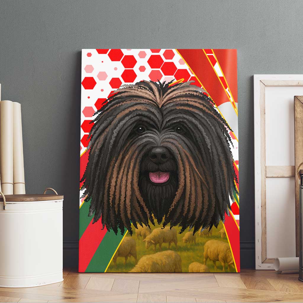 Hungary Canvas Wall Art with Puli Dog Illustration Design and Red Green Hexagon - Wonder Print Shop